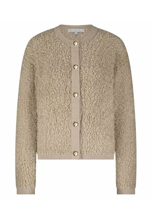 Beige gestructureerde gebreide cardigan met lange mouwen, geribde manchetten en zoom, voorzijde met ronde gouden knopen en een ronde hals.