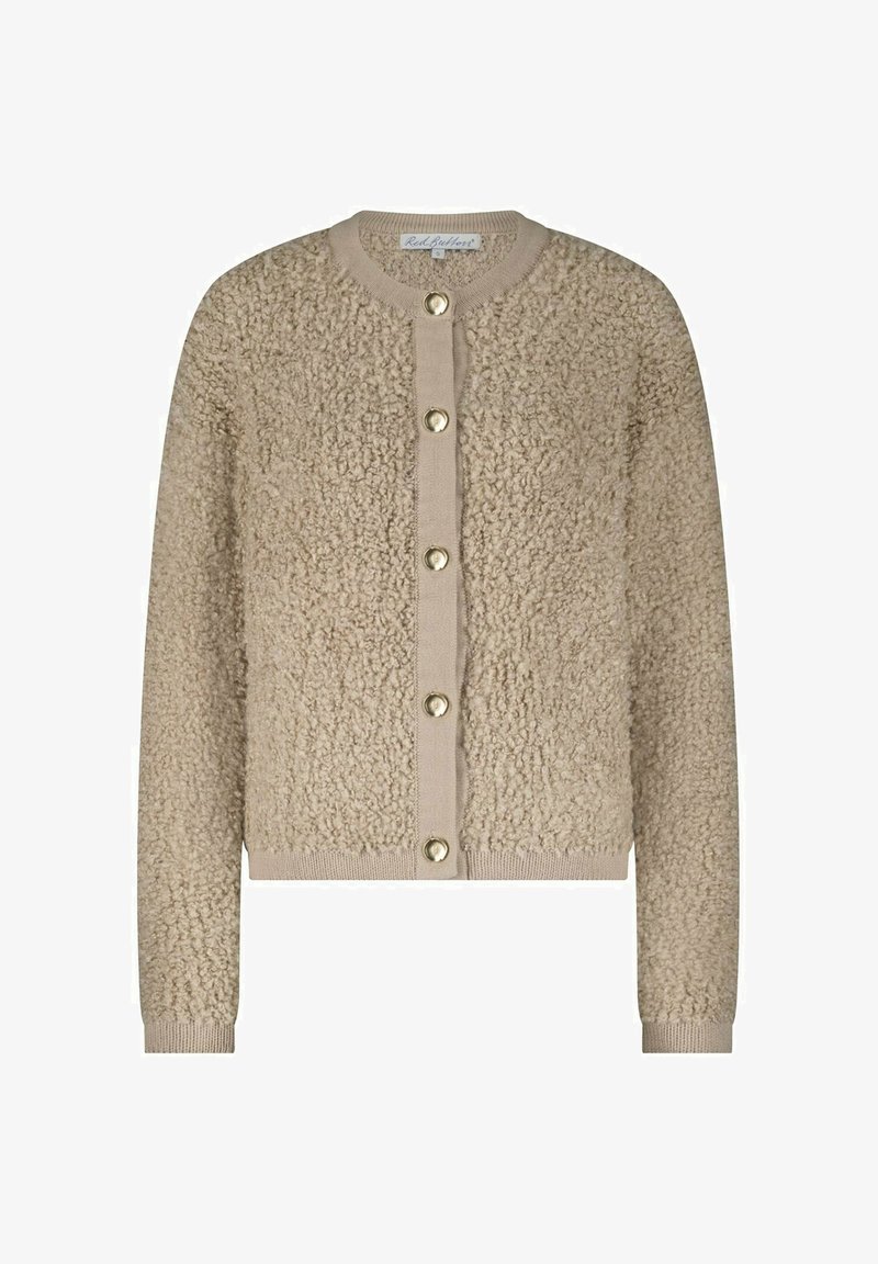 Beige gestructureerde gebreide cardigan met lange mouwen, geribde manchetten en zoom, voorzijde met ronde gouden knopen en een ronde hals.