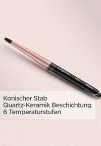 Conical hair styling wand with a black and rose gold color scheme, quartz-ceramic coating, and digital controls for six temperature settings.