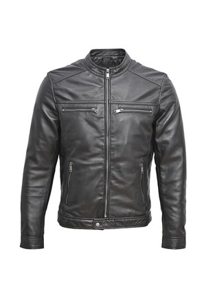 Czarna skórzana kurtka z kołnierzem stojącym, zamek błyskawiczny z przodu, dwie kieszenie na piersi na zamek błyskawiczny, dwie boczne kieszenie na zamek błyskawiczny oraz nap na dolnym końcu.