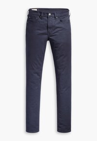 Pantaloni di cotone blu navy con vestibilità slim, cinque tasche, chiusura anteriore a bottone e zip, e dettagli di cucitura discreti lungo le cuciture.