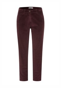 Tmavě červené manšestrové kalhoty se štíhlým střihem, předními kapsami, zapínáním na knoflík a jemnou ribbovanou strukturou.