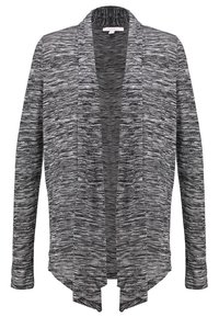 Cardigan à manches longues, ouvert sur le devant, motif marbré horizontal gris et noir, ourlet drapé et col châle.