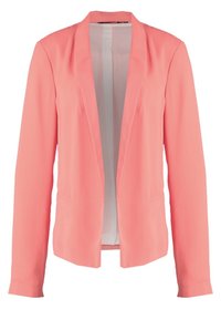 Blazer corallo in tessuto leggero, con apertura frontale, maniche lunghe, due tasche frontali e foderato internamente in modo liscio.
