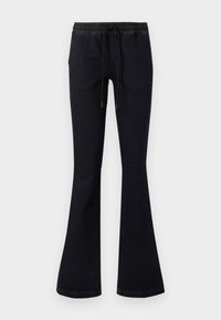 Jean évasé bleu marine avec taille élastique et cordon de serrage noir, présenté sur un fond blanc uni.