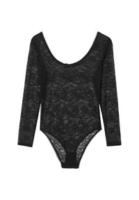 Body in pizzo nero con maniche lunghe, scollatura a barchetta, motivo floreale e chiusura a scatto sul fondo. Tessuto morbido e testurizzato.