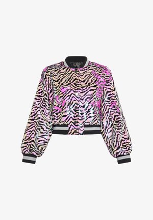 Pailletten-Bomberjacke mit einem schwarz-pinken Zickzackmuster, gerippten schwarzen Bündchen und Saum sowie einer Knopfleiste. Glänzende Textur.