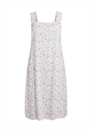 White floral dress with a square neckline and gathered straps, featuring small multicolored flowers and green leaves throughout.