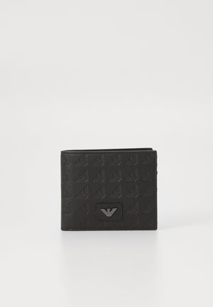 Black bifold wallet featuring embossed logo pattern, smooth texture, and a metal emblem. Compact design with multiple card slots.
