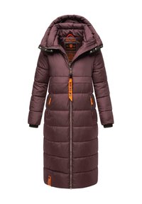 Long, puffy maroon coat with a high collar, zip closure, and orange accents. Features two zippered side pockets and ribbed cuffs.