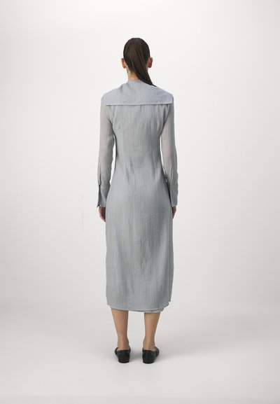 Long, fitted dress in light blue with vertical stripes, long sleeves, and a wide collar. The back features a smooth texture and buttoned cuffs.