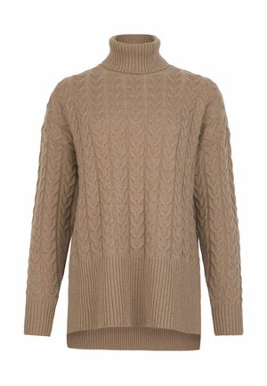 Ljusbrun kabelstickad tröja med hög krage, ribbad nederkant, långa ärmar och strukturerat mönster genom hela.