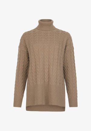 Cable-strik sweater i lysebrune, med høj hals, ribbet kant, lange ærmer og strukturmønster over det hele.