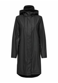 Schwarzer Regenmantel mit Kapuze, Reißverschluss, langen Ärmeln und leicht geschwungenem Saum. Hergestellt aus glattem, wasserdichtem Material.