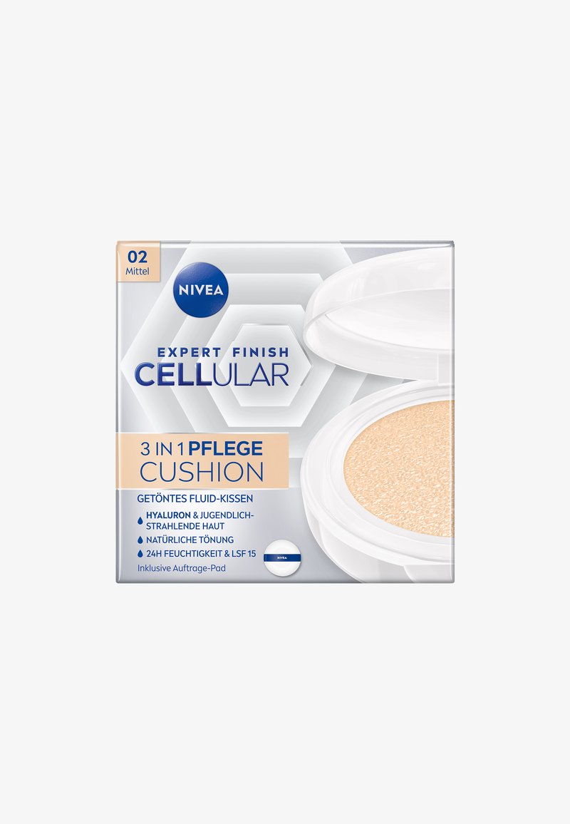 NIVEA Cellular 3-in-1 Cushion, medium shade, features a white plastic compact with a hexagonal design and a light beige cushion surface inside.
