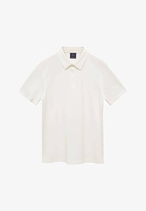 Polo shirt bianco, maniche corte, in cotone misto, con colletto classico e chiusura a tre bottoni. Texture liscia, senza pattern o dettagli.