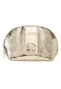 Guldfarvet kosmetikpung med prægede blomsterdesign, rund form og centralt logo. Har lynlåslukning og glat tekstur.