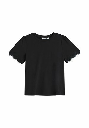 Schwarzes T-Shirt mit kurzen Ärmeln, rundem Ausschnitt und Spitzenbesatz an den Ärmeln. Hergestellt aus weichem Stoff mit glatter Textur.