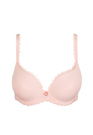 Light pink bra with smooth cups, scalloped lace trim along edges, and a decorative center button. Adjustable straps for fit.