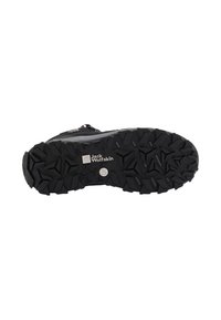 Suola di scarpe da trekking nere con un motivo ruvido e testurizzato, dotata di elementi di presa prominenti e del logo del brand Jack Wolfskin.