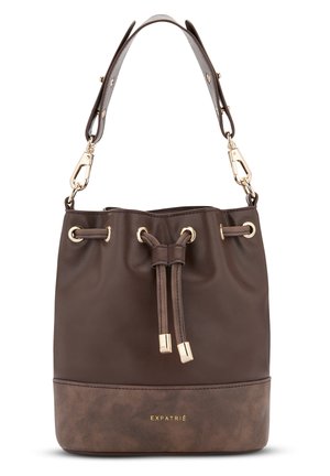 Braune Leder-Eimer-Tasche mit einem strukturierten Boden, goldfarbener Hardware, Kordelzugverschluss und einem bequemen Schulterriemen.