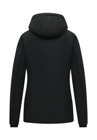 Zwarte capuchonjas met een gladde buitenkant, aansluitende manchetten en subtiele stikseldetails. Ontworpen met een gestroomlijnde silhouet.