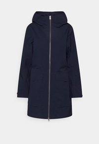 Marinblå vattentät parka med frontdragkedja, justerbar huva och två stora framfickor. Slätt tyg med en minimalistisk design.
