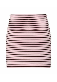 Jupe mini à rayures roses avec des rayures horizontales marron, au design ajusté et à la texture lisse. Convient pour une tenue décontractée.