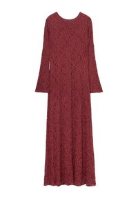 Long-sleeve, floor-length dress in burgundy lace. Features a round neckline and textured pattern across the fabric.
