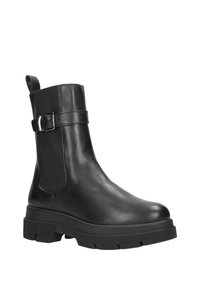 Schwarze Leder-Ankle-Boots mit glatter Oberfläche, elastischen Seitenpaneelen und einem akzentuiertem Riemen mit Schnalle. Dicke Gummisohle mit robuster Textur.