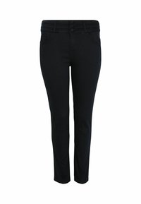 Pantalon noir en tissu extensible avec une taille haute. Comprend trois boutons sur le devant et des poches latérales. Texture lisse.