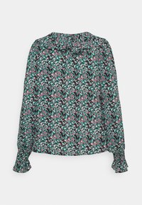 Blouse à manches longues avec petit imprimé floral vert, rose et blanc, col montant à volants et poignets à volants sur les manches.