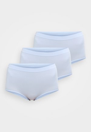 Trois culottes taille haute pour femmes, bleu clair, sans couture, empilées en diagonale sur un fond blanc.