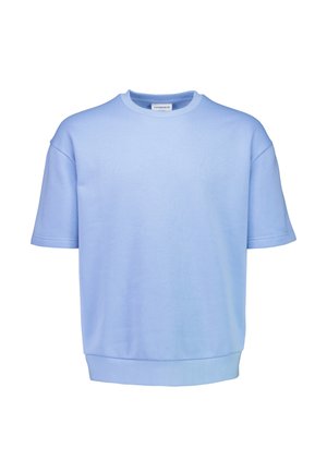 Hellblaues Sweatshirt mit kurzen Ärmeln, Rundhalsausschnitt und geripptem Saum, dargestellt auf weißem Hintergrund.