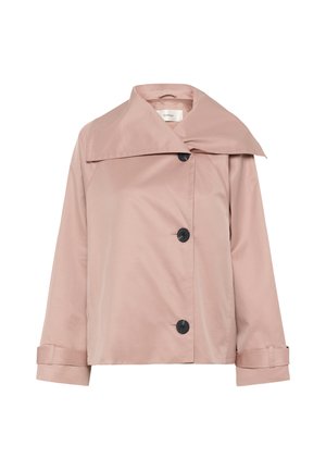 Hele roosa naiste jope, lai krae, ees kolm musta nuppu ja pikkade varrukate reguleeritavad mansettrapid.