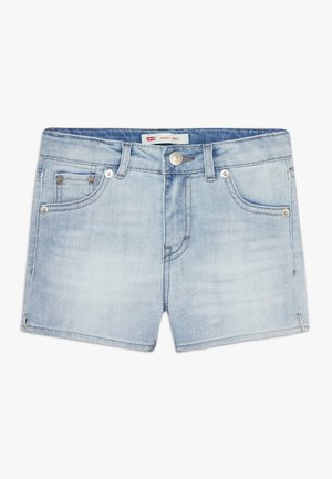 Short en denim bleu clair avec bouton à l'avant, passants pour ceinture et poches, étiqueté "Levi's Shorty Short."