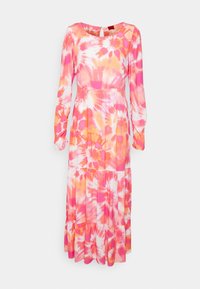 Robe à manches longues tie-dye dans des tons de rose et d'orange, avec un col rond et une jupe à volants. Fabriquée en tissu léger.