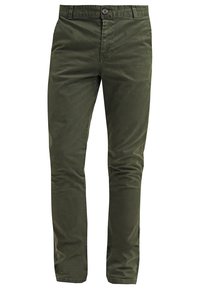 Slim-fit, olivgröna byxor i en mjuk bomullsblandning, med frontknäppning och bälteshällor. Platt framdesign.