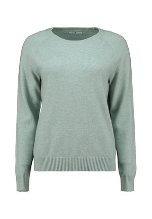 Light green sweater with a round neck, long sleeves, and ribbed hem. Made from soft material with a smooth texture and simple design.