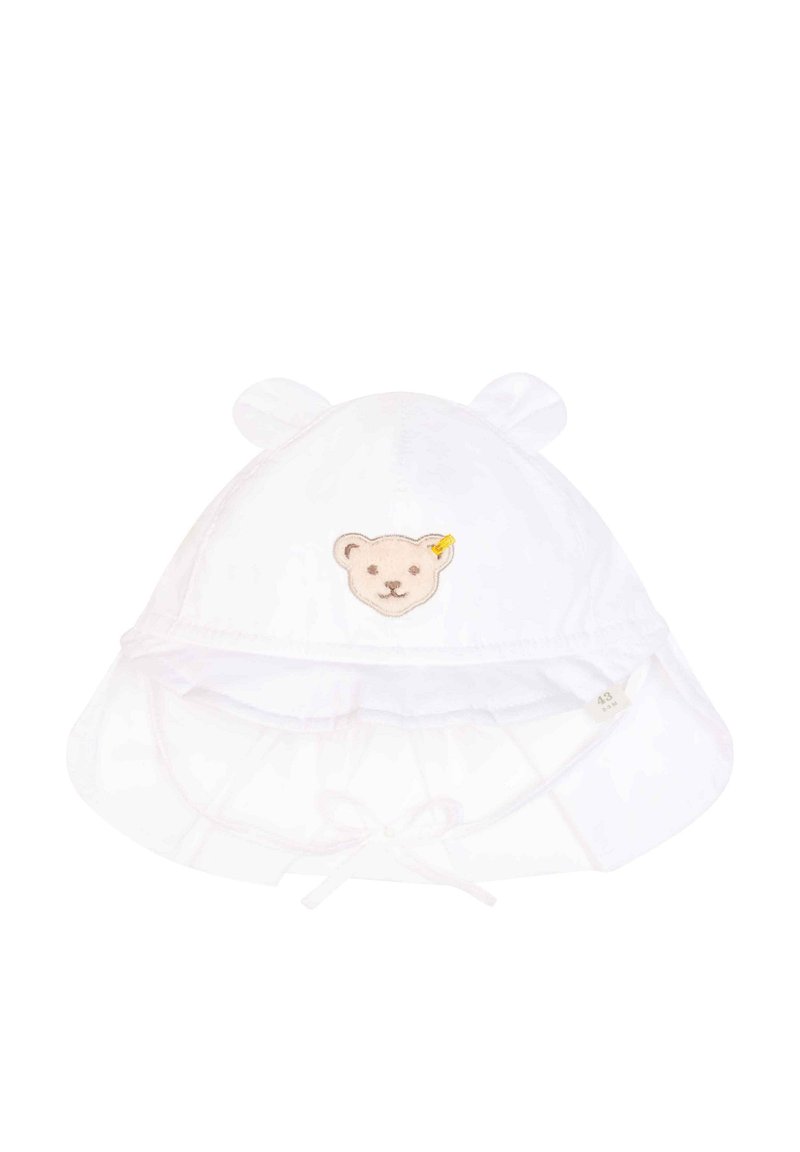 Weißer Baumwollbabyhut mit Bärenkopf-Stickerei, runder Form und zwei runden Ohren. Besitzt einen Kinnband für einen sicheren Sitz und eine weiche Textur.