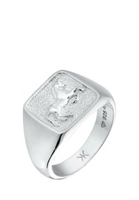 Sterling silver ring med en rektangulär design som har en upphöjd hästmotif på en texturerad bakgrund, polerade kanter och graverad stämpel.