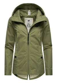 Alyvuogių žalios spalvos vandeniui atspari striukė su gobtuvu, pilnu užtrauktuku, dviem priekinėmis kišenėmis ir ilgesne nugara. Lygi tekstūra ir paprastas dizainas.