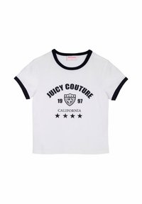 Vit t-shirt med korta ärmar, svart kant, med "JUICY COUTURE 1997 CALIFORNIA" logotyp och fem svarta stjärnor tryckta på framsidan.