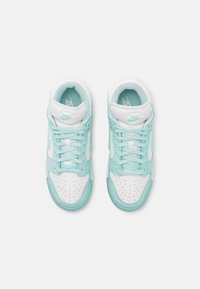 High-top sneakers in mint green and white, featuring mesh and synthetic materials, perforated toe box, and flat laces with logo accents.
