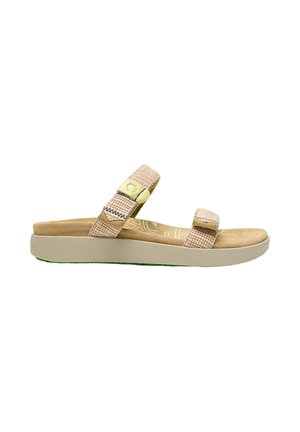 Sandalia beige abierta en la puntera con dos correas ajustables y una suela gruesa acolchada, mostrada de lado sobre fondo blanco.