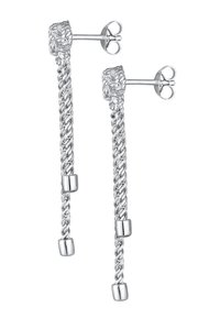 Silberne Ohrringe mit gedrehtem Kettendesign und zylindrischen Akzenten, die mit einer polierten Oberfläche und Steckverschluss versehen sind.