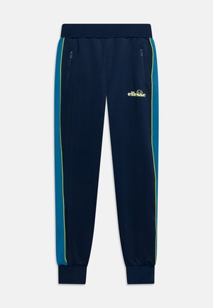 Granatowe spodnie dresowe z turkusowymi panelami bocznymi, żółtą lamówką, kieszeniami na zamek, elastycznym pasem i logo "ellesse" na górnej lewej nogawce.