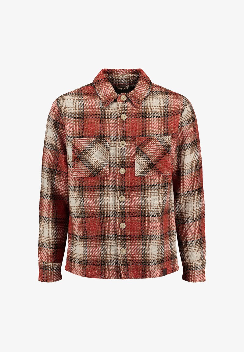Camicia in flanella a quadri nei toni del rosso, beige e marrone. Presenta un'apertura con bottoni, colletto a punta e due tasche sul petto con pattina.