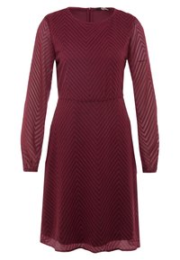 Burgunderfarbenes Kleid mit langen transparenten Ärmeln, strukturiertem Zickzackmuster, rundem Ausschnitt und taillierter Passform, das in einer Länge bis zur Mitte des Oberschenkels endet.