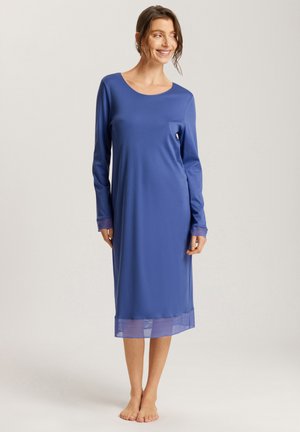 Blue long-sleeve nightdress made of soft fabric, featuring a round neckline and sheer hemline detail. Minimalistic design with full coverage.